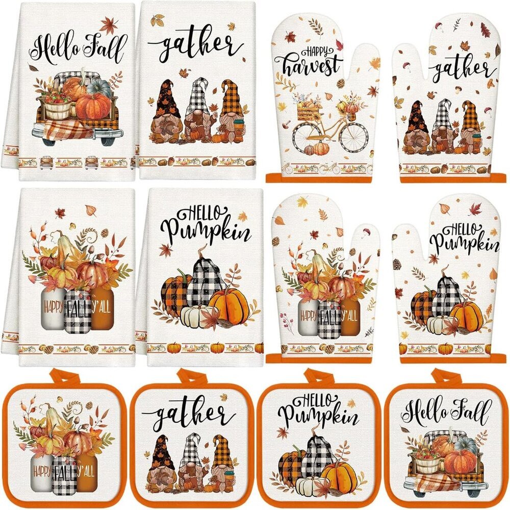 12 Pcs Fall Pumpkin Oven Mitt Pot Holders and Kitchen Towel Sets Thanksgiving Ki